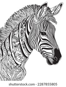 Hand drawn vector coloring page of zebra. Coloring page for kids and adults. Print design, t-shirt design, tattoo design, mural art, mandala art.