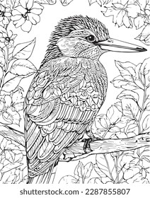 Hand drawn vector coloring page of kingfisher sitting on a branch. Coloring page for kids and adults. Print design, t-shirt design, tattoo design, mural art.