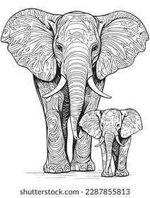 Esquema de la página de coloreado vector dibujado a mano de elefante madre con elefante bebé. Página de colorear para niños y adultos. Diseño de impresión, diseño de camisetas, diseño de tatuajes.