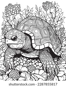 Hand drawn vector coloring page of tortoise in the wild. Coloring page for kids and adults. Print design, t-shirt design, tattoo design, mural art.