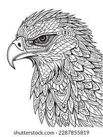 Hand drawn vector coloring page of Eagle. Coloring page for kids and adults. Print design, t-shirt design, tattoo design, mandala art.