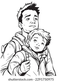 Hand drawn vector coloring page of father and son, Coloring page for kids and adults. Print design, fathers day illustration coloring page	
