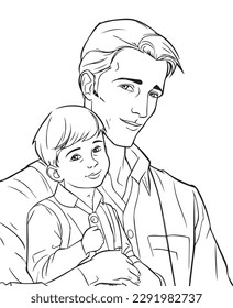 Hand drawn vector coloring page of father and son, Coloring page for kids and adults. Print design, fathers day illustration coloring page	