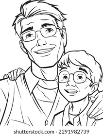 Página de colorear vector dibujada a mano de padre e hijo, página de colorear para niños y adultos. Diseño de impresión, página de coloreado de ilustraciones del día del padre	