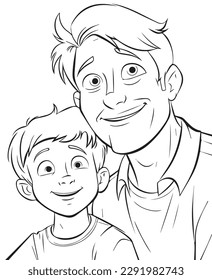 Hand drawn vector coloring page of father and son, Coloring page for kids and adults. Print design, fathers day illustration coloring page	