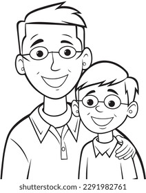 Hand drawn vector coloring page of father and son, Coloring page for kids and adults. Print design, fathers day illustration coloring page	