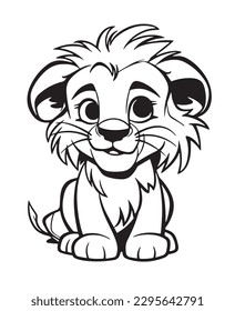 Hand drawn vector coloring page of cartoonish lion pup. Coloring page for kids and adults. Print design, t-shirt design, tattoo design, mural art, line art.