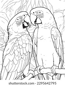 Hand drawn vector coloring page of Macaw sitting on a tree branch in a jungle. Coloring page for kids and adults. Print design, t-shirt design, tattoo design, mural art, line art.