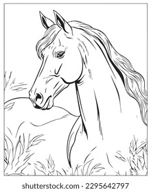 Página de coloreado vector dibujado a mano del caballo, Mare. Página de colorear para niños y adultos. Diseño de impresión, diseño de camisetas, diseño de tatuajes, arte mural, arte de línea.