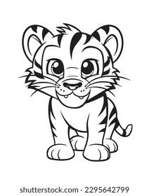 Hand drawn vector coloring page of cartoonish tiger cub. Coloring page for kids and adults. Print design, t-shirt design, tattoo design, mural art, line art.