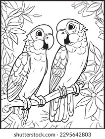 Hand drawn vector coloring page of cartoonish pair of Rio Parrot in a jungle. Coloring page for kids and adults. Print design, t-shirt design, tattoo design, mural art, line art.