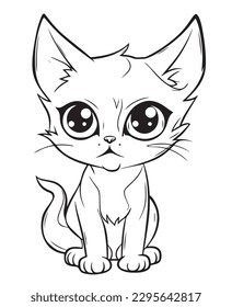 Hand drawn vector coloring page of a cartoonish kitten. Coloring page for kids and adults. Print design, t-shirt design, tattoo design, mural art, line art