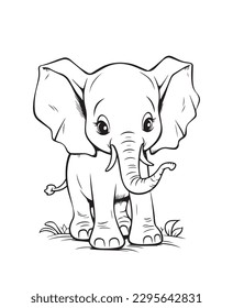 Hand drawn vector coloring page of cartoonish baby elephant. Coloring page for kids and adults. Print design, t-shirt design, tattoo design, mural art, line art.