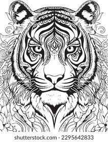 Hand drawn vector coloring page of tiger portrait. Coloring page for kids and adults. Print design, t-shirt design, tattoo design, mural art.