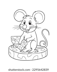 Hand drawn vector coloring page of cartoonish mouse. Coloring page for kids and adults. Print design, t-shirt design, tattoo design, mural art, line art.