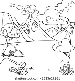 Hand gezeichnete Vektorgrafik-Malvorlage für Kinder, Berge, Landschaftslinie, einfache schwarze, fette Linie einzeln auf weißem Papier, Gras, Bäume, Steine