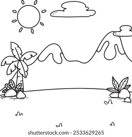 Dibujado a mano página para colorear de Vector para niños, montañas, línea de paisaje, simple línea negra en negrita aislada en papel blanco, hierba, árboles, piedras