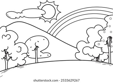 Hand drawn vector coloring page for kids, mountains, landscape line, simple black bold line isolated on white paper, grass, trees, stones