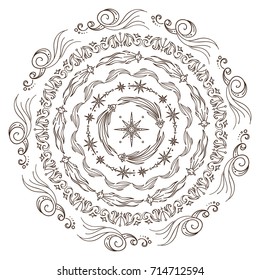 Hand drawn vector coloring page, Abstract ornate mandala. Space elements, abstract stars, planets, vessels, galaxy and more. Wave signs and symbols, vintage style. Suitable for round frames