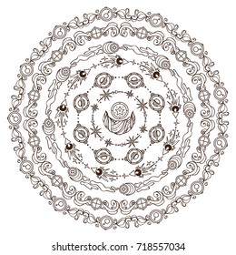 Hand drawn vector coloring page, Abstract ornate mandala. Space elements, abstract stars, planets, vessels, galaxy and more. Wave signs and symbols, vintage style. Suitable for round frames