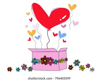hand drawn vector of colourful hearts pop up from gift box wrapped with flowers idea for valentine and love 
