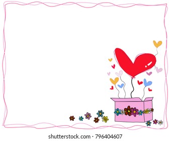 hand drawn vector of colourful hearts pop up from gift pink gift box wrapped with flowers in line frame idea for valentine and love card