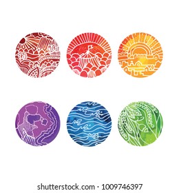 Hand drawn vector colourful watercolour circles with theme doodles - abstract, waves, town, sun, space, circus, flowers, floral isolated on white