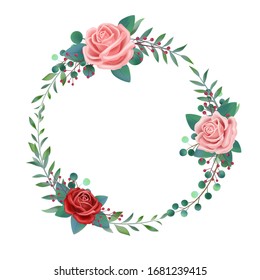 Hand drawn vector combination wreath of pink and red rose leaves, flowers and leaves illustration, invitation elements, retro botanical flowers, wedding style. Decorative flowers and branches,