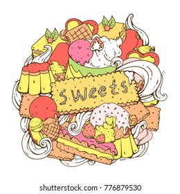 Hand drawn vector composition with collection of sweets and desserts, in a circle, doodle style, natural warm color