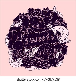 Hand drawn vector composition with collection of sweets and desserts, in a circle, doodle style. contrast colors