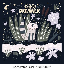 Hand drawn vector composition. Cute raccoon, nature surrounded and lettering style phrase: little dreamer