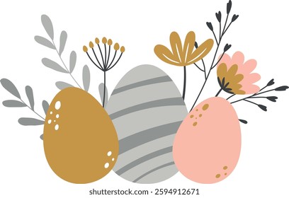 Hand drawn vector composition with easter eggs, twigs, branches and flowers in pink and grey colours. Religious holiday illustration in flat style. Simple hygge doodle