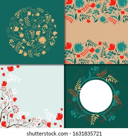 Hand drawn vector compositions with wild flowers: poppy, rowan, leaves and branches