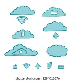 Hand drawn vector computer cloud server illustration. Concept icon elements set of saving in the cloud. Clipart for web communication or folder storage, saving files, staying connected. Isolated blue