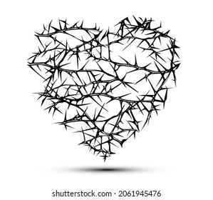 Hand drawn vector concept black tangled briar patch in the shape of a heart.