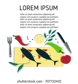 Hand drawn vector concept with healthy food: vegetables, lemon, fish.  Food template with copyspace. Great for healthy magazines, cooking web sites and restaurant. newsletters.