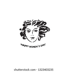 Hand drawn vector concept of holiday card or poster with woman face. 8 march theme. Unique template for your design. Real pastel texture.