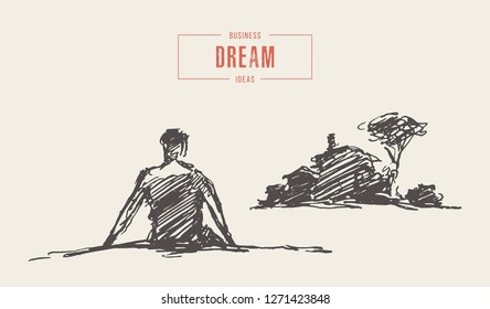 Hand drawn vector concept illustration of a man sitting in front of his dream home, looking to the future, mortgage, sketch