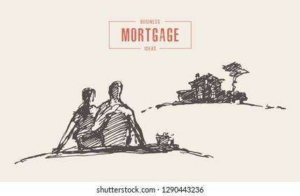 Hand Drawn Vector Concept Illustration Of A Couple Sitting In Front Of Their Dream Home, Looking To The Future, Mortgage, Sketch