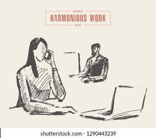 Hand drawn vector concept illustration of a harmonious office job, employees work together, sketch