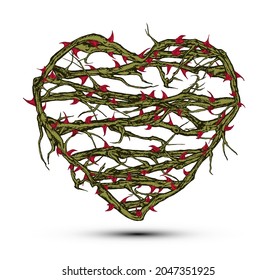 Hand drawn vector concept illustration of briar patch heart with stems and thorns.