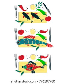 Hand drawn vector concept illustration with healthy food: vegetables, peppers, lemon, fish. Food template great for healthy magazines, cooking web sites and restaurant. newsletters.