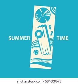 Hand drawn vector concept image of logo for summer time. Illustration of abstract blue ball and lifebuoy on beach. Print on t-shirt, poster, banner for travel, design agency. 