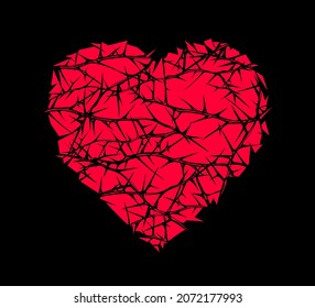 Hand drawn vector concept red heart shape with black tangled briar patch on black background.