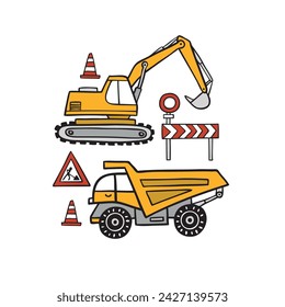 Hand drawn vector construction trucks isolated on white background. Perfect for tee summer t-shirt logo design, greeting card, poster, invitation or nursery print.