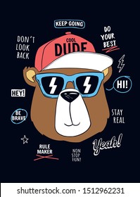 Hand drawn vector cool bear illustration for t-shirt prints, posters and other uses.