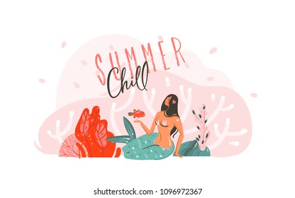 Hand drawn vector with coral reefs,fish and mermaid girl with Summer Chill typography isolated on white background.