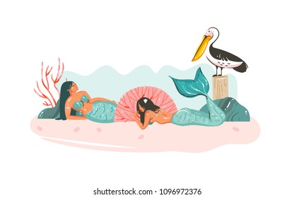 Hand drawn vector with coral reefs,pelican bird and beauty mermaids girls character relaxing on beach shore isolated on white background.