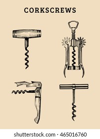 Hand drawn vector corkscrews set. Retro illustrations collection of different spins in sketch style.