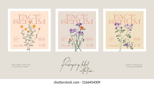 Handgezeichnete Vektorkosmetik-Etikettendesign-Vorlagensammlung mit botanischen Illustrationen